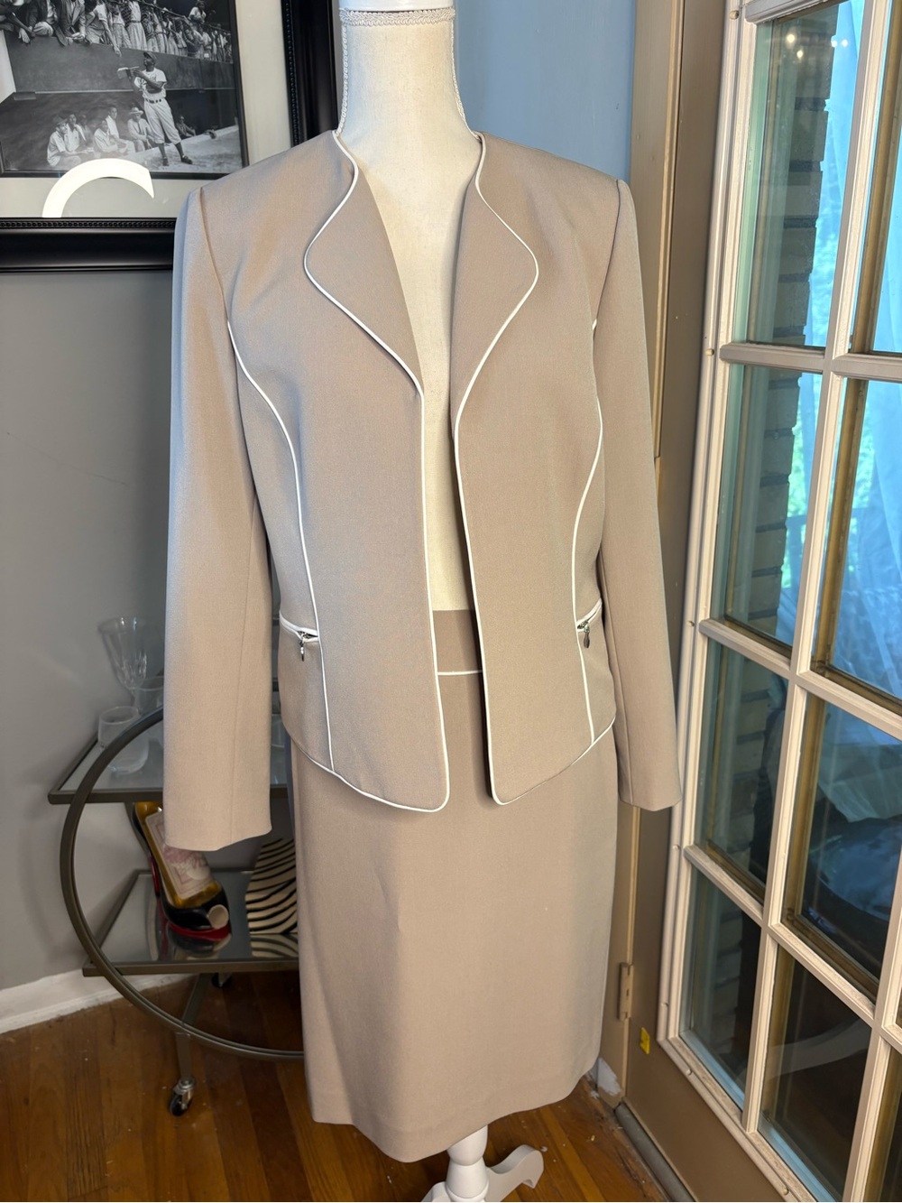 Tahari Taupe Jacket and Skirt Set with White Piping